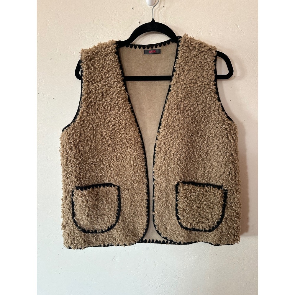KUK Faux Shearling Unisex Vest OS Tan Excellent Crochet Trim Made in Itally